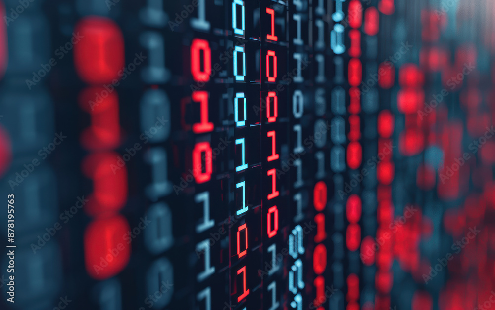 Poster close-up of binary code on a screen. red and blue ones and zeros symbolize digital data, technology,
