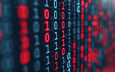 Close-up of binary code on a screen. Red and blue ones and zeros symbolize digital data, technology, and information security.
