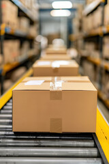 Close-up of cardboard boxes on a conveyor belt in a warehouse. Concept of packaging, shipping, logistics, and supply chain management.