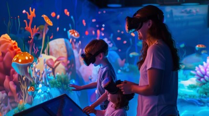 Family wears VR headsets to explore digital underwater world