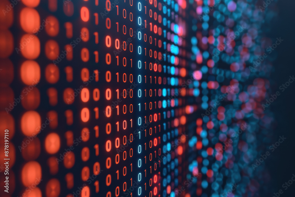 Poster close-up of a glowing binary code, blue and red light representing data and digital technology, disp