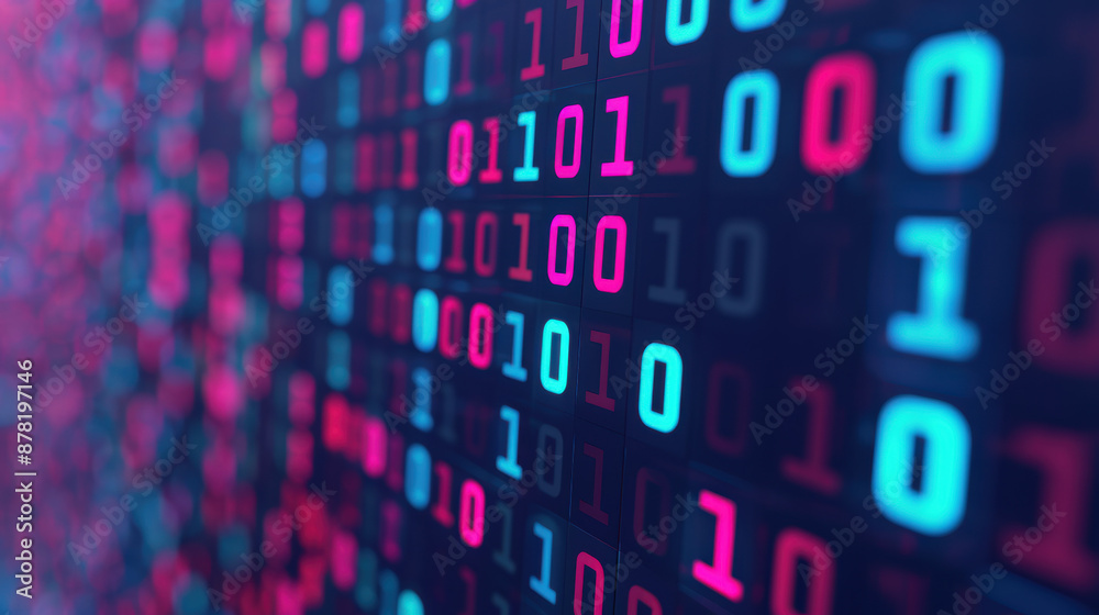 Poster vibrant binary code background with a mix of blue and pink digits. ideal for technology, digital dat