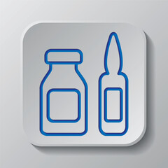 Ampoule simple icon vector. Flat design. Paper cut design. Cutted blue symbol with shadow. Gray badge button, gray background