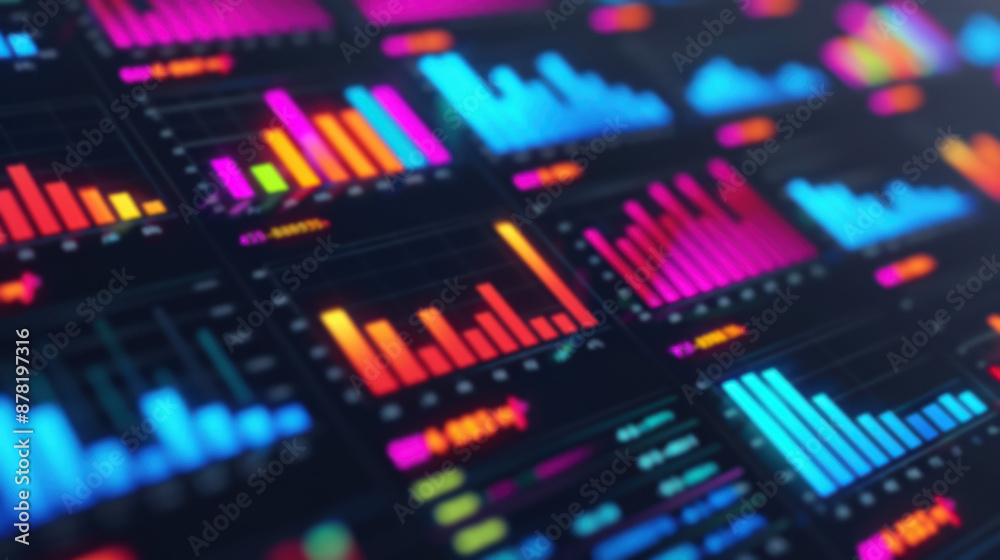 Poster colorful data visualization charts show graphs and analytics on a digital screen, representing busin