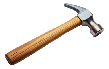 A wooden-handled hammer with a curved claw and rounded head, cut out - stock png.