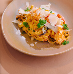 Gourmet tagliatelle pasta with shrimp and parmesan