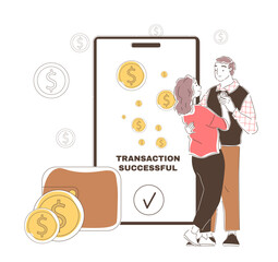 Online financial transaction. Elderly man and woman dance next to smartphone with gold coins. Digital money and electronic wallet. Cashless payment in banking app. Linear vector illustration