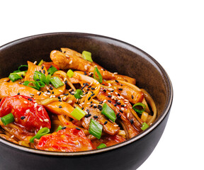 Asian stir-fried noodles with vegetables in bowl