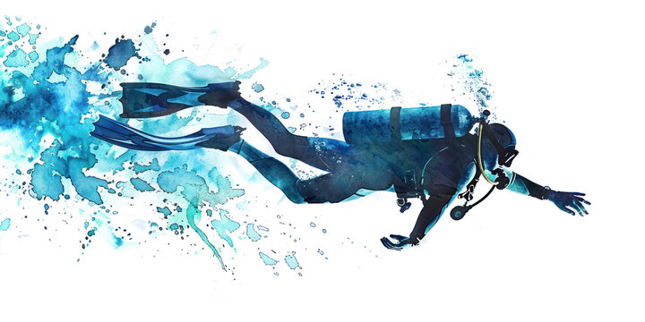 Scuba diving watercolor illustration isolated on transparent. Sea png file for art work.
