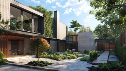 Fototapeta premium contemporary suburban farmhouse with a bold, architectural facade, featuring staggered levels and a hidden courtyard garden