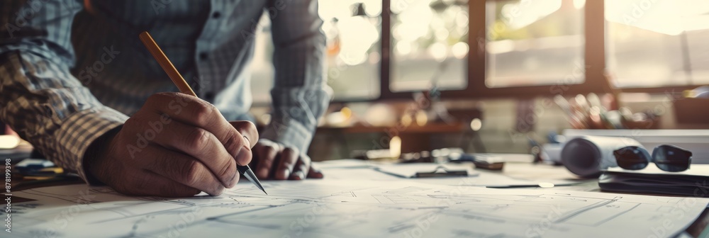 Poster engineer drawing on architectural plans with a pencil in a well-lit workspace. symbolizes constructi