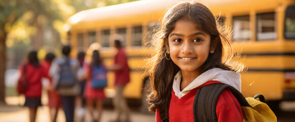 Close up portrait of elementary school girl with yellow school bus in the background.