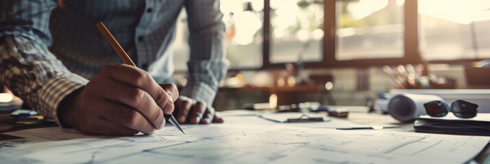 Fototapeta premium Engineer drawing on architectural plans with a pencil in a well-lit workspace. Symbolizes construction, planning, and detailed project design.