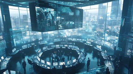 Businesspeople in Futuristic Data Control Room