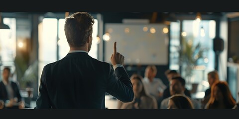 Dynamic Business Coach Presenting to Engaged Audience in Modern Glass-Walled Room, Demonstrating Sales Graphics and Design Techniques for Motivational Presentations 