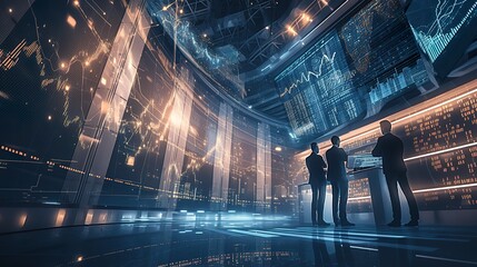 Professionals in Futuristic Stock Market Analysis Room