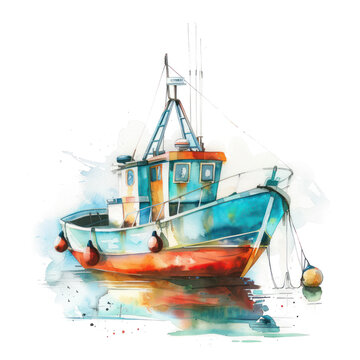 recommend clip art: Fishing boat watercolor illustration isolated on transparent. Sea png file for art work.
                    