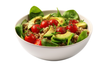 A Wholesome Symphony: Delicate Greens, Juicy Tomatoes, and Creamy Avocado Dance in a White Bowl on White or PNG Transparent Background.