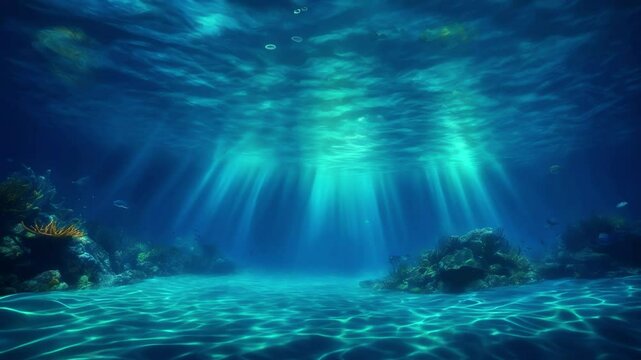 underwater world in the blue sea. The background is an underwater scene showing the seabed and sea surface illuminated by sunlight with water ripples