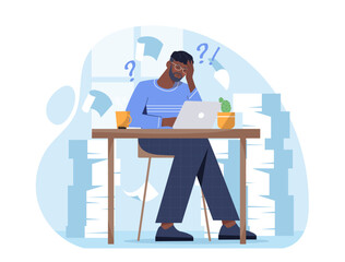 Stressed worker in office. Man suffers from overload and lot of paperwork. Emotional burnout, frustration and depression. Poor time management and inefficient workflow. Cartoon vector illustration