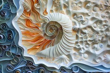 Obraz premium Periwinkle paper mosaic of an intricate seashell, reflecting the beauty and complexity of marine life.