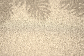 Beach sand with shadows from tropical leaves. Summer background of beach sand with shadows from tropical leaves, top view