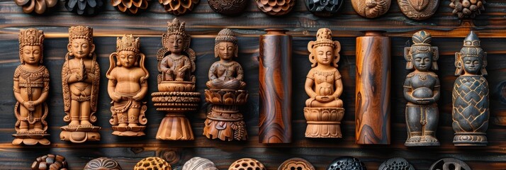 Fototapeta premium A collection of intricately carved wooden Buddha statues and decorative wooden pieces displayed on a rustic wooden surface, showcasing the craftsmanship and spiritual significance