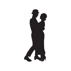 Beautiful retro vintage couple dancing salsa on festival in black isolated on white background. Hand drawn vector silhouette illustration. Dancing classes, retro theater performance show