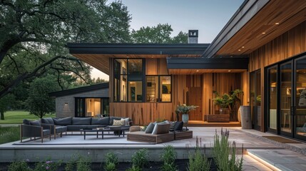 Fototapeta premium contemporary suburban farmhouse with a rustic twist, featuring a wood-paneled exterior and modern, streamlined furniture