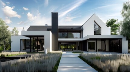 contemporary suburban farmhouse with a minimalist design, featuring stark contrasts between black and white exteriors and interiors