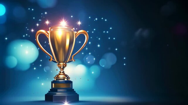 Winner trophy with flames, blue golden champion cup with falling confetti on blue background	
