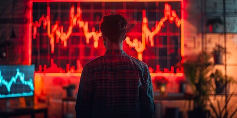 Fototapeta premium Businessman Observing Stock Market Crash on Red Display