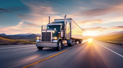 A powerful semi-truck driving on a highway at sunset, with a stunning mountain landscape in the background.