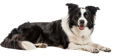  Border Collie dog, lying down and looking at the camera with a happy expression.