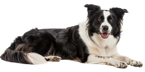  Border Collie dog, lying down and looking at the camera with a happy expression.