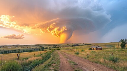 Obraz premium A dramatic and mesmerizing scene of a rural landscape featuring a quaint cabin and a dirt path under a towering, intense, and swirling stormy cloud formation at sunset