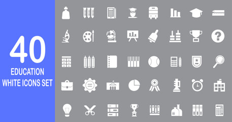 Education and learning white flat icon set related with education, success, academic subjects.