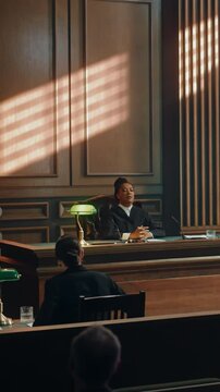 Vertical Footage of Impartial Judge Sitting Down in Court, Public Sits Down on Benches After Him. Supreme Federal Court Judge Starts Civil Case Hearing with Striking a Gavel. Sentencing Law Offender.