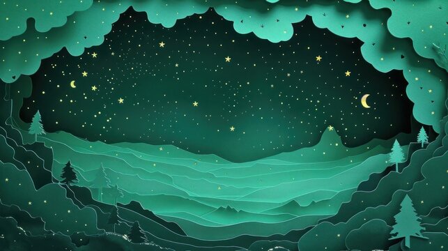 Mint green paper cutout of a starry night sky, portraying the vastness and mystery of the cosmos.