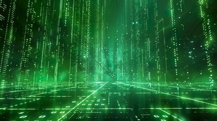 A stunning digital representation of a glowing green matrix in a futuristic world. Ideal for use in technology, digital security, and science fiction projects.