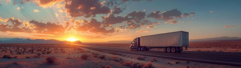 A lone truck drives down a desert highway at sunset, with a dramatic sky and mountains in the background.