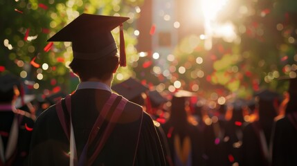 A lone graduate in cap and gown stands amidst a crowd of fellow graduates, confetti falling around them as they celebrate their achievement.