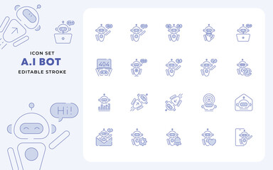 Set of thin line icons of artificial intelligence or AI Chat Bot Assistant. Outline symbol collection. Editable vector stroke. 256x256 Pixel Perfect scalable to 128px, 64px...