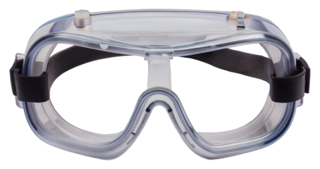 Clear safety goggles with adjustable strap for eye protection, cut out - stock png.
