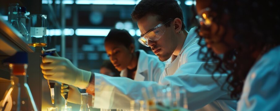 Two scientists in lab coats working with beakers and equipment.