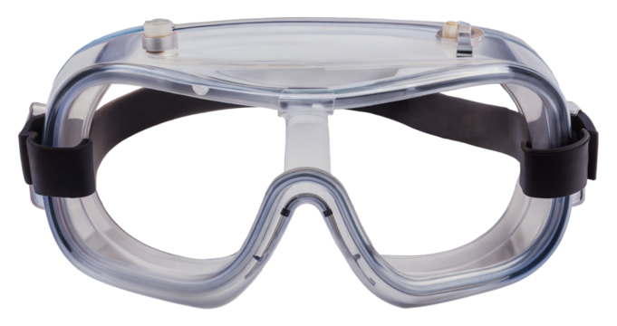Clear safety goggles with adjustable strap for eye protection, cut out - stock png.