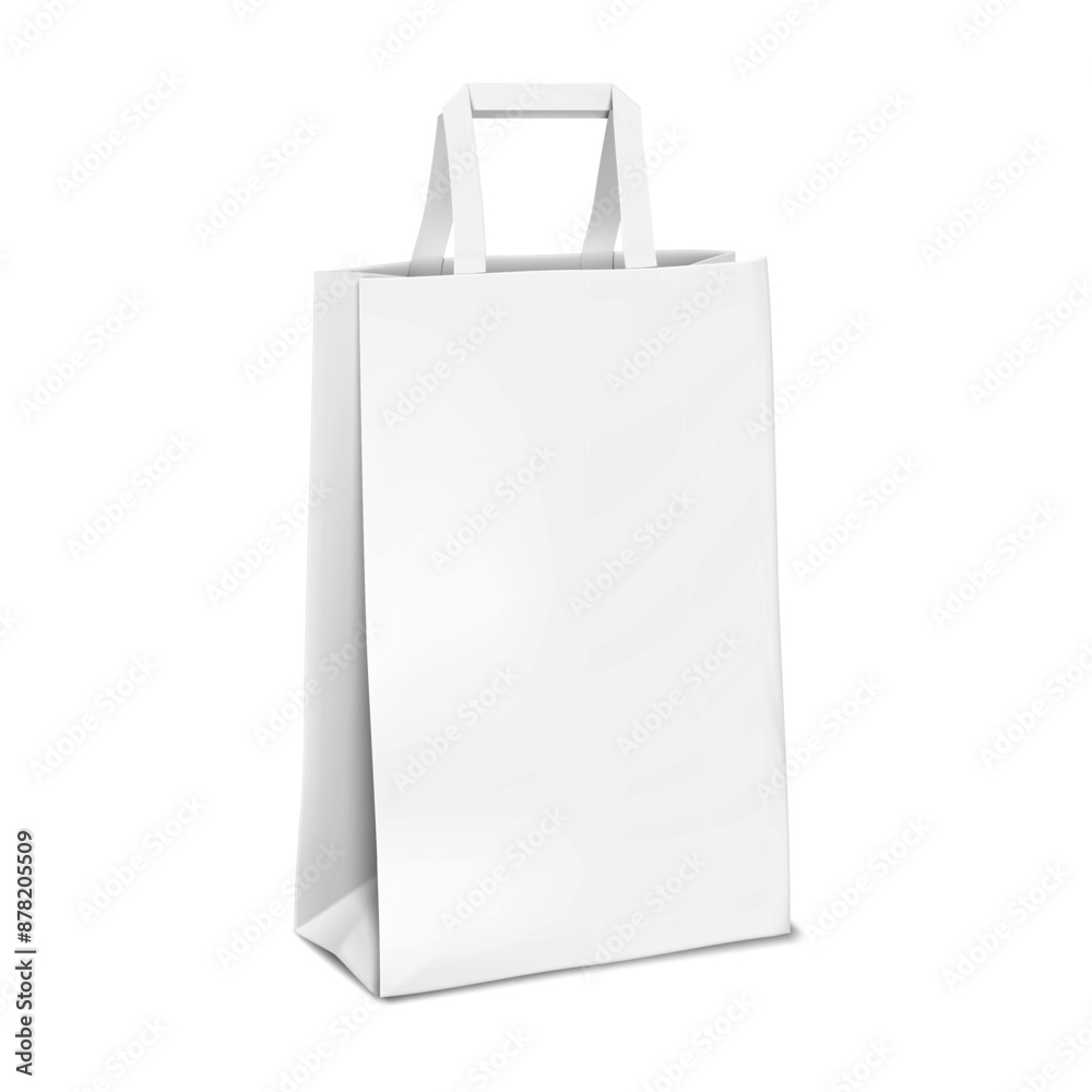Wall mural blank tall tape handle paper carrier bag isolated on white background. realistic 3d vector mock-up. 