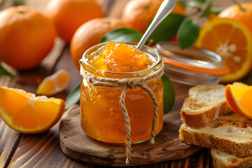 A jar of homemade orange marmalade with a spoon, surrounded by fresh oranges and slices of bread
