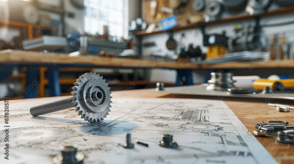 Poster close-up of a gear on an engineering blueprint in a workshop environment. highlights the concept of 
