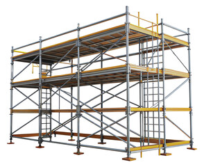 Four-level scaffolding platform with ladder and safety railings, cut out - stock png.